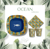 PartyBIO Oceano,110 Pezzi Set di Stoviglie, Set di Stoviglie Monouso biodegradabili per Feste Azzurro con Piatti Carta, Bicchieri Carta, Tovaglioli, Perfetto per 20 Ospiti